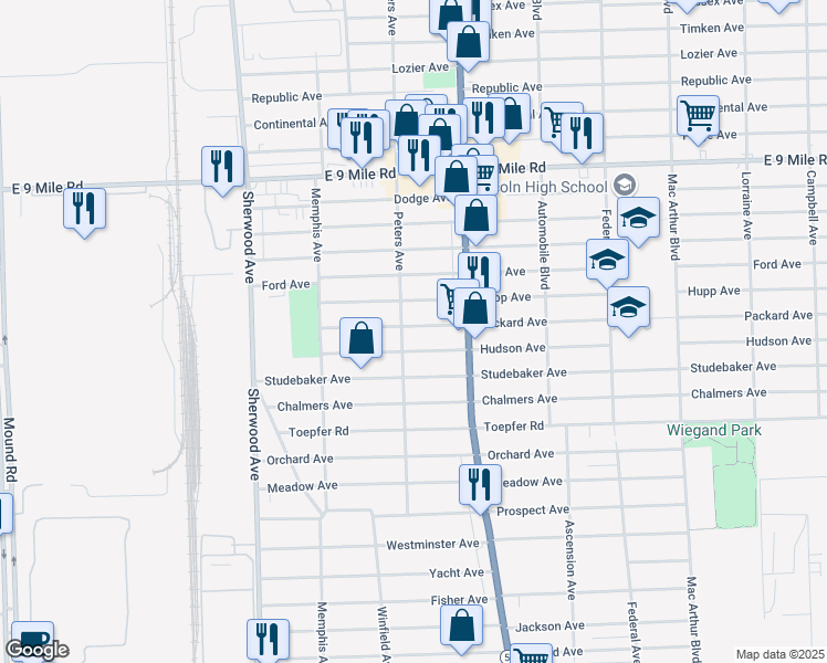 map of restaurants, bars, coffee shops, grocery stores, and more near 7520 Packard Avenue in Warren