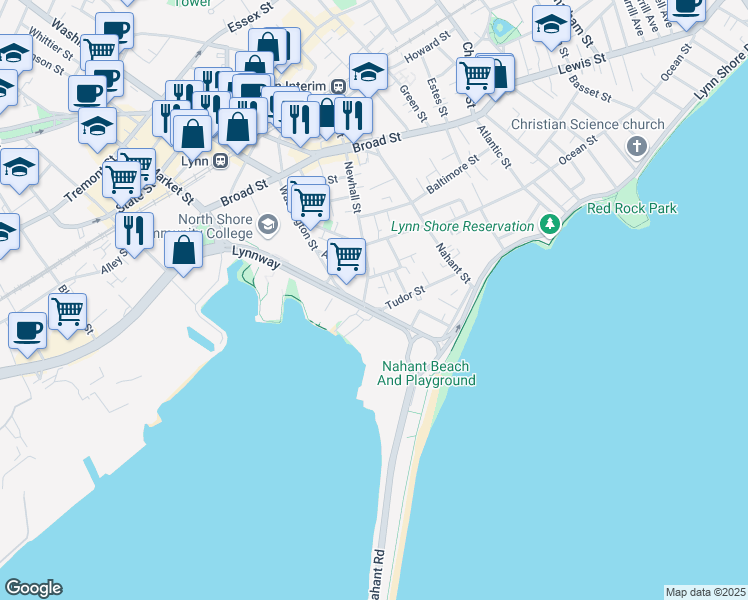 map of restaurants, bars, coffee shops, grocery stores, and more near 99 Newhall Street in Lynn