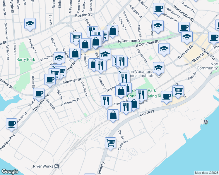 map of restaurants, bars, coffee shops, grocery stores, and more near 32 South Elm Street in Lynn