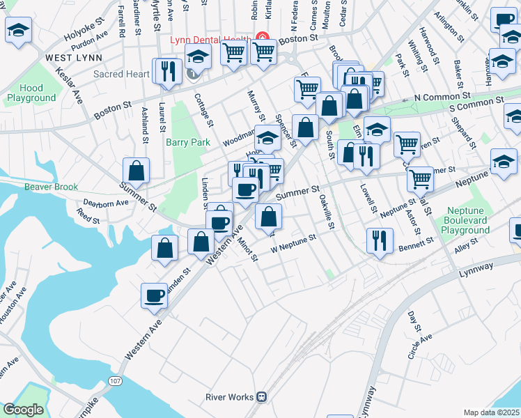 map of restaurants, bars, coffee shops, grocery stores, and more near 822 Western Avenue in Lynn