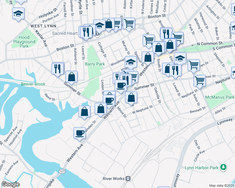 map of restaurants, bars, coffee shops, grocery stores, and more near 16 Cottage Street in Lynn