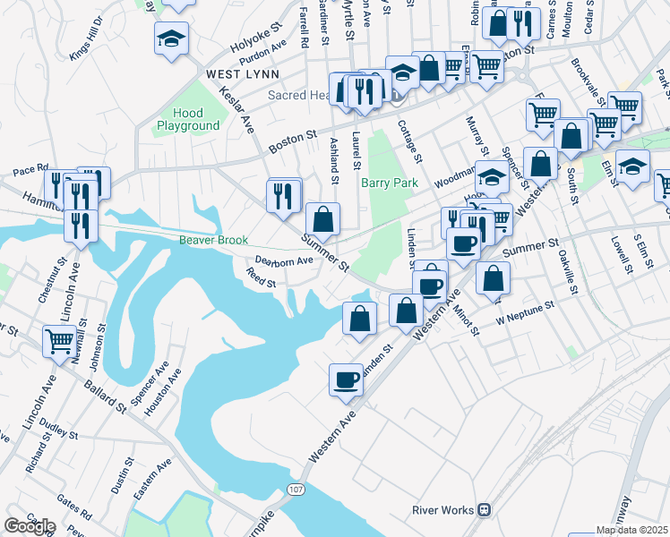 map of restaurants, bars, coffee shops, grocery stores, and more near 1 Border Street in Lynn