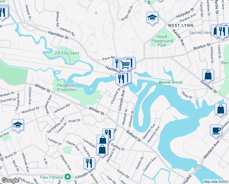 map of restaurants, bars, coffee shops, grocery stores, and more near 47 Chestnut Street in Saugus