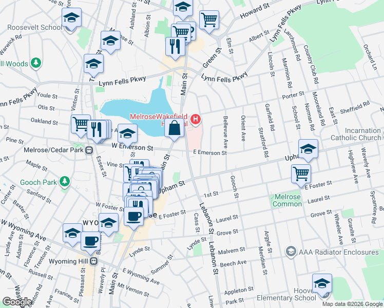 map of restaurants, bars, coffee shops, grocery stores, and more near 50 Rowe Street in Melrose