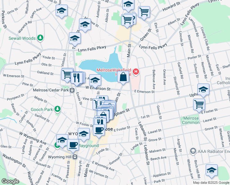 map of restaurants, bars, coffee shops, grocery stores, and more near 21 West Emerson Street in Melrose