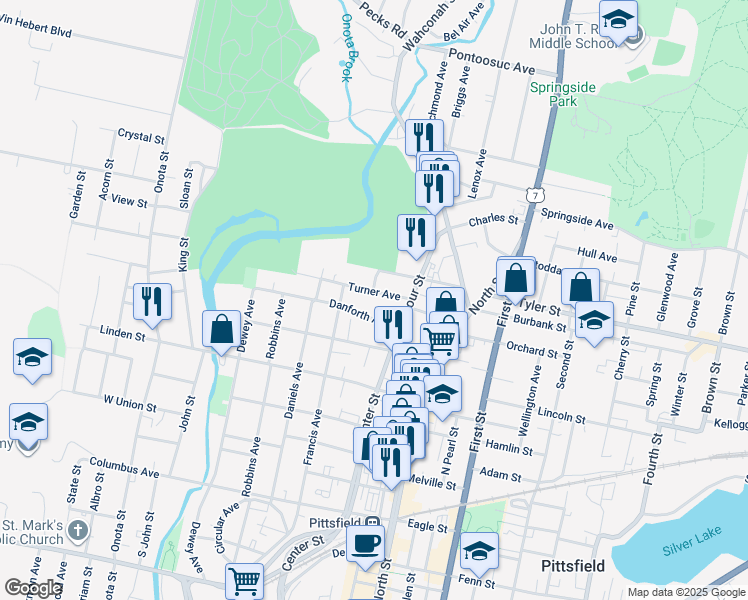 map of restaurants, bars, coffee shops, grocery stores, and more near 1-99 Beech Street in Pittsfield