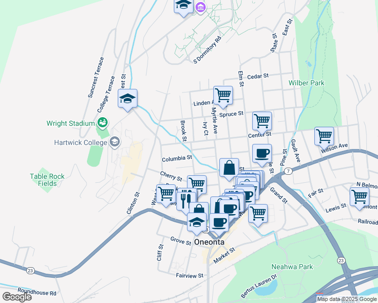 map of restaurants, bars, coffee shops, grocery stores, and more near 22 Center Street in Oneonta
