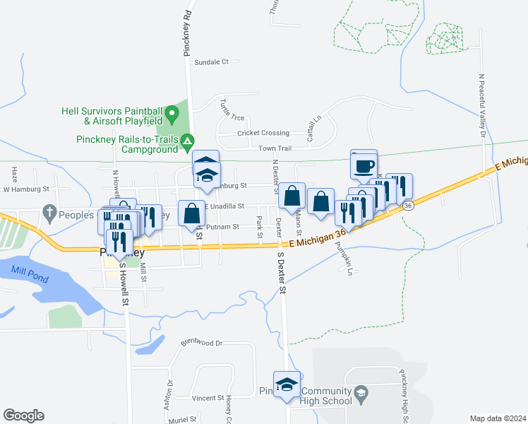 map of restaurants, bars, coffee shops, grocery stores, and more near 845 East Unadilla Street in Pinckney