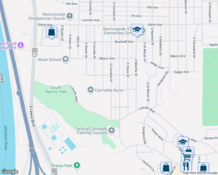 map of restaurants, bars, coffee shops, grocery stores, and more near 2800-2824 South Cornelia Street in Sioux City