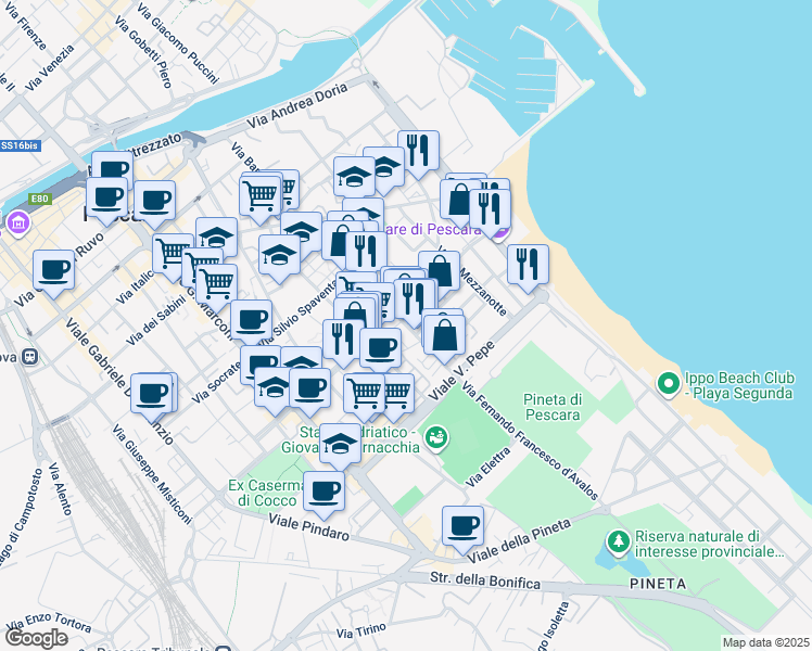 map of restaurants, bars, coffee shops, grocery stores, and more near 16 Via Milano in Pescara