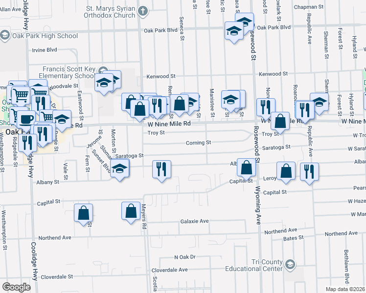 map of restaurants, bars, coffee shops, grocery stores, and more near 10460 Corning Street in Oak Park