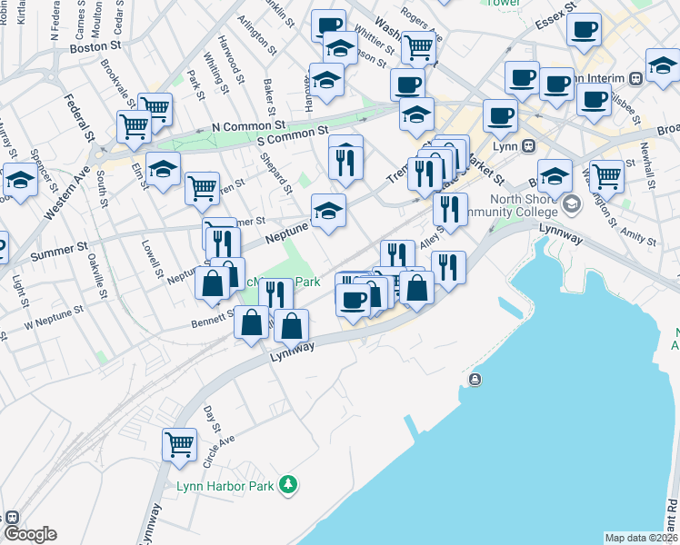 map of restaurants, bars, coffee shops, grocery stores, and more near 150 Shepard Street in Lynn