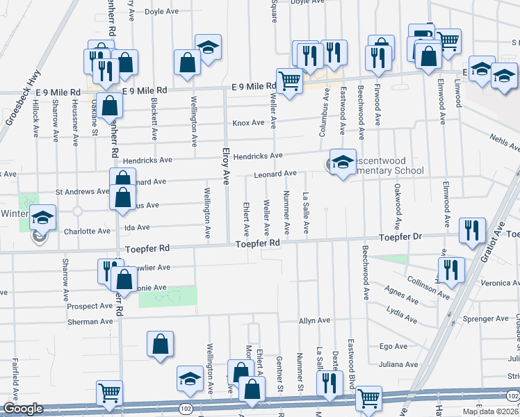 map of restaurants, bars, coffee shops, grocery stores, and more near 21853 Weller Avenue in Warren
