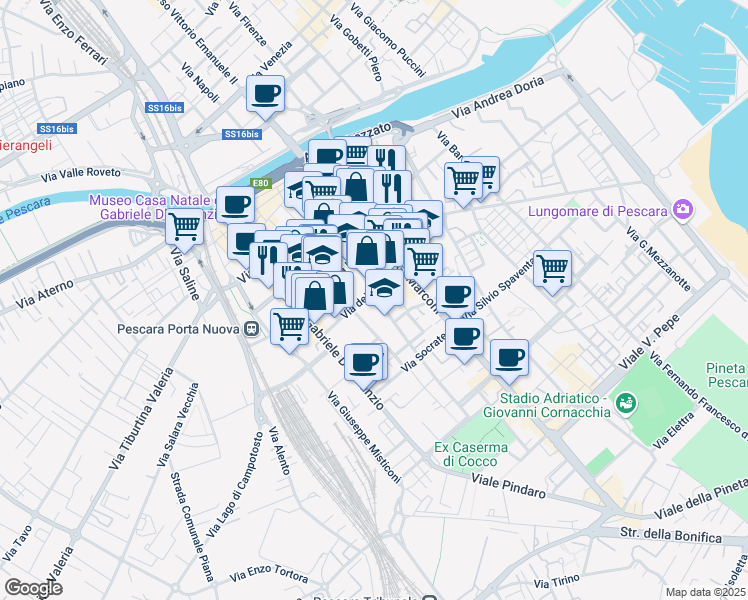 map of restaurants, bars, coffee shops, grocery stores, and more near 78 Via dei Peligni in Pescara