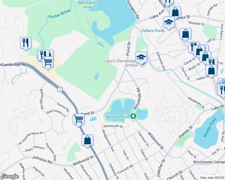 map of restaurants, bars, coffee shops, grocery stores, and more near 122 Pond Street in Winchester