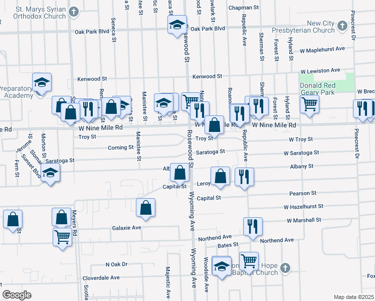 map of restaurants, bars, coffee shops, grocery stores, and more near 22811 Rosewood Street in Oak Park