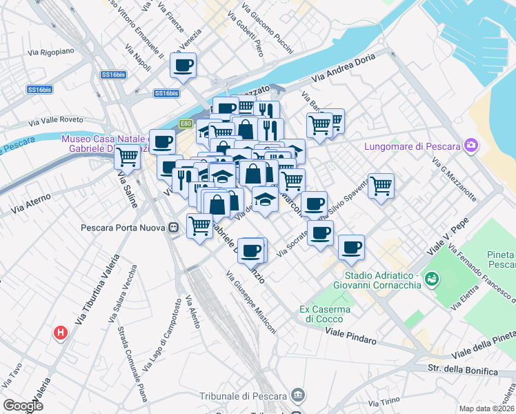 map of restaurants, bars, coffee shops, grocery stores, and more near 78 Via dei Peligni in Pescara