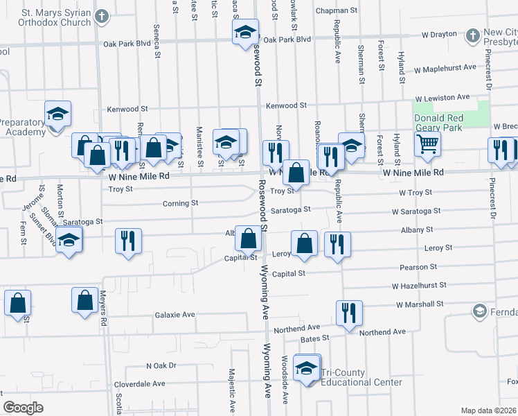 map of restaurants, bars, coffee shops, grocery stores, and more near 10010 Corning Street in Oak Park