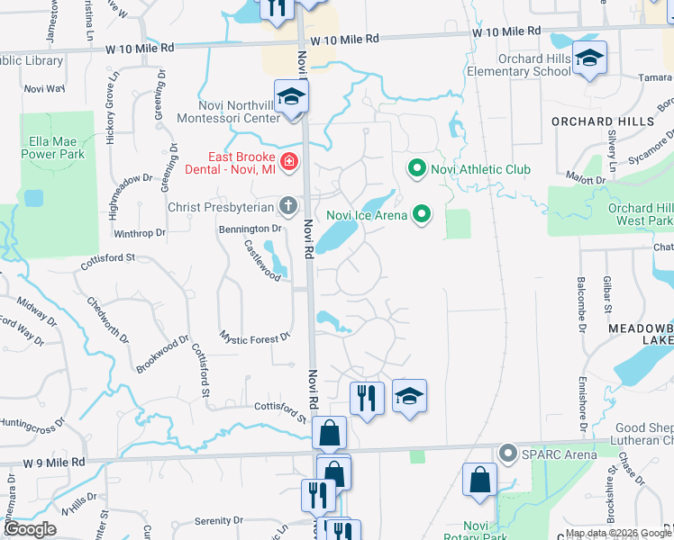map of restaurants, bars, coffee shops, grocery stores, and more near Portage Way in Novi