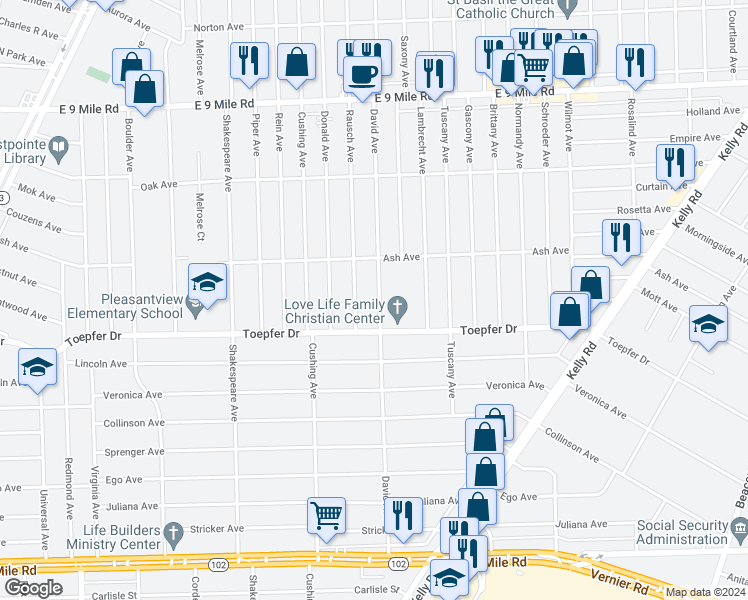 map of restaurants, bars, coffee shops, grocery stores, and more near 21769 David Avenue in Eastpointe