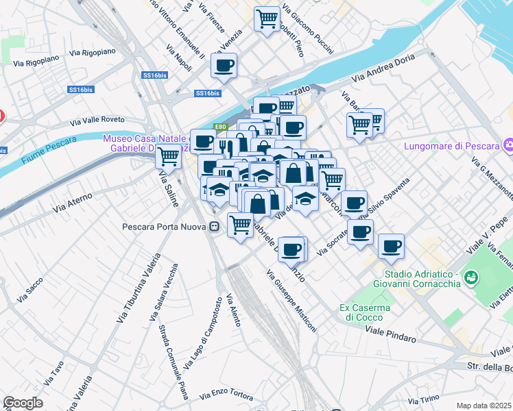 map of restaurants, bars, coffee shops, grocery stores, and more near Via Italica in Pescara