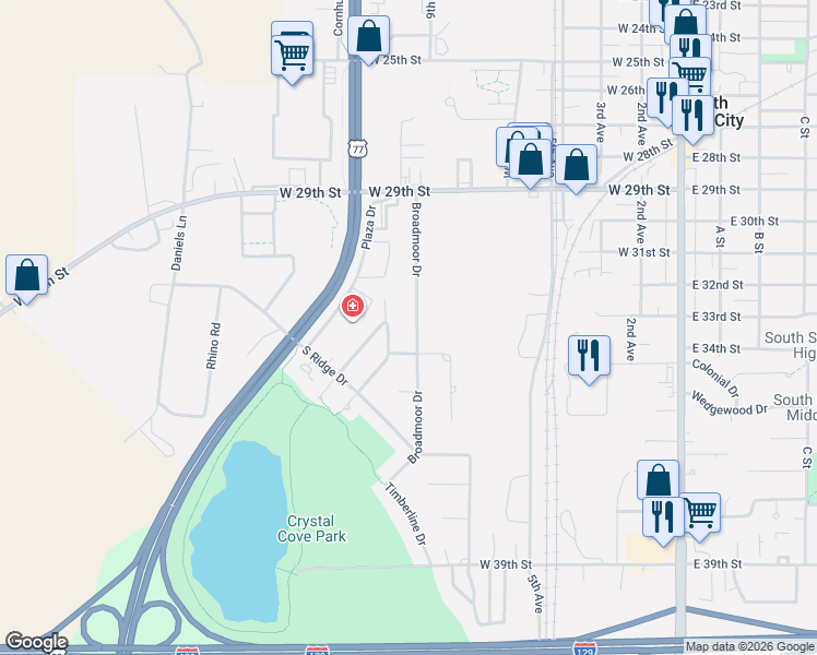 map of restaurants, bars, coffee shops, grocery stores, and more near 221 Broadmoor Drive in South Sioux City