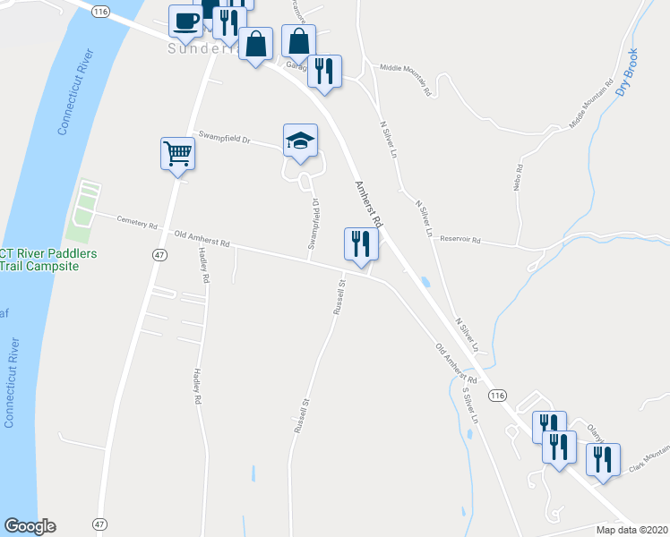 map of restaurants, bars, coffee shops, grocery stores, and more near 92 Old Amherst Road in Sunderland