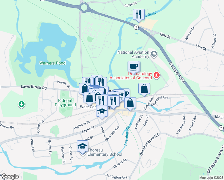 map of restaurants, bars, coffee shops, grocery stores, and more near 68 Commonwealth Avenue in Concord