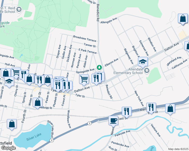 map of restaurants, bars, coffee shops, grocery stores, and more near 81 Dartmouth Street in Pittsfield
