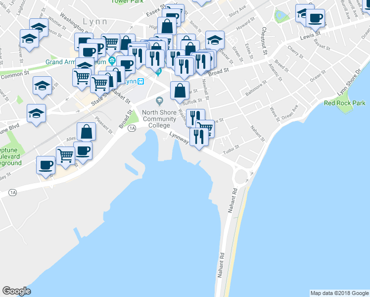 map of restaurants, bars, coffee shops, grocery stores, and more near 892 Washington Street in Lynn