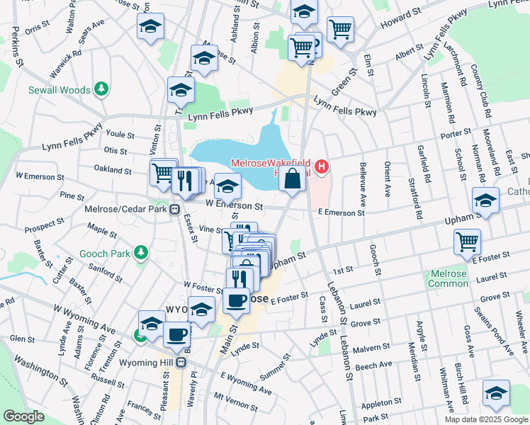 map of restaurants, bars, coffee shops, grocery stores, and more near 21 West Emerson Street in Melrose