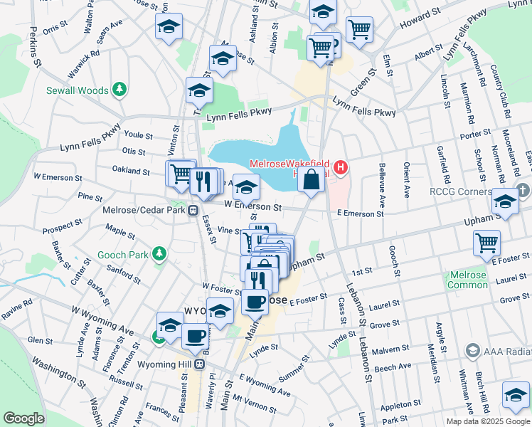 map of restaurants, bars, coffee shops, grocery stores, and more near in Melrose