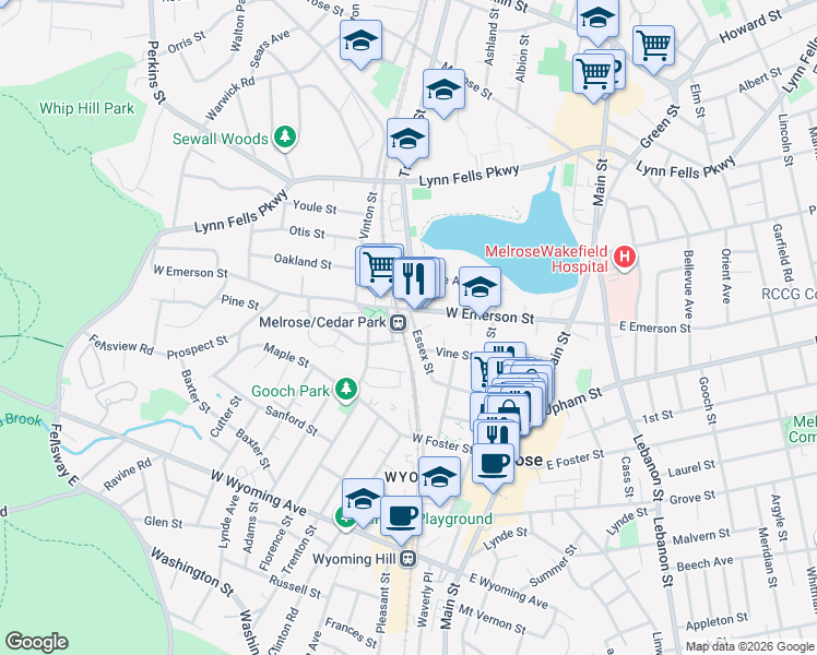 map of restaurants, bars, coffee shops, grocery stores, and more near 223 Essex Street in Melrose