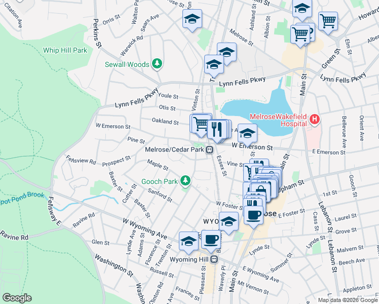 map of restaurants, bars, coffee shops, grocery stores, and more near 60 Vinton Street in Melrose