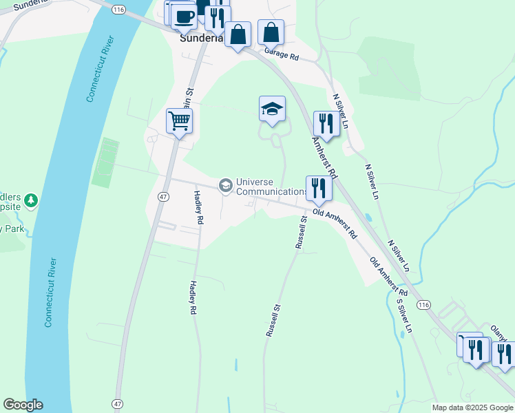 map of restaurants, bars, coffee shops, grocery stores, and more near 66 Old Amherst Road in Sunderland