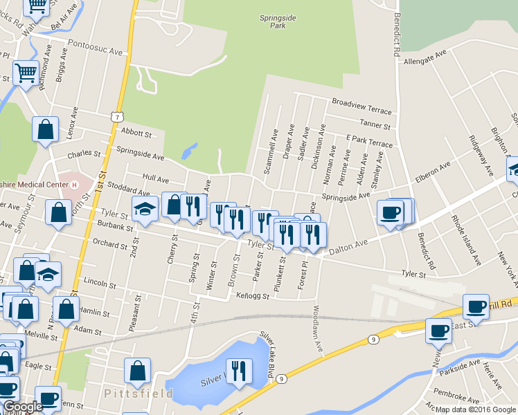 map of restaurants, bars, coffee shops, grocery stores, and more near 119 Parker Street in Pittsfield