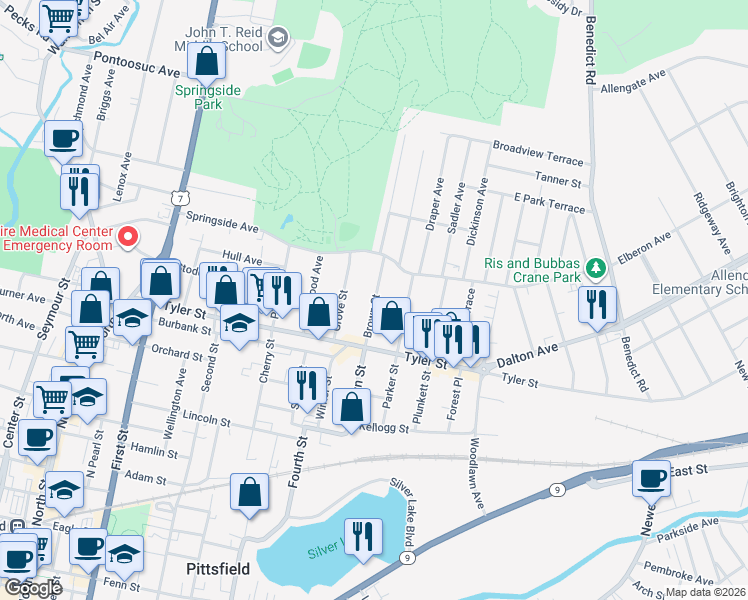 map of restaurants, bars, coffee shops, grocery stores, and more near 115 Brown Street in Pittsfield