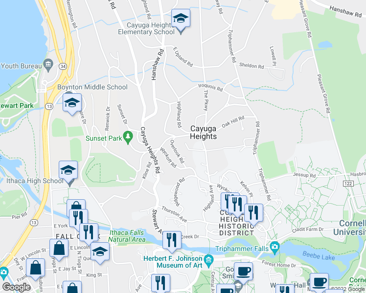 map of restaurants, bars, coffee shops, grocery stores, and more near 511 Kline Road in Ithaca