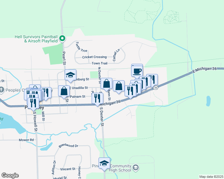 map of restaurants, bars, coffee shops, grocery stores, and more near 320 Mann Street in Pinckney
