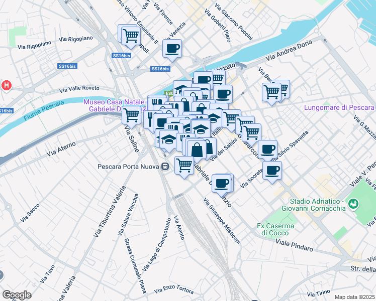map of restaurants, bars, coffee shops, grocery stores, and more near 51 Viale Vittoria Colonna in Pescara