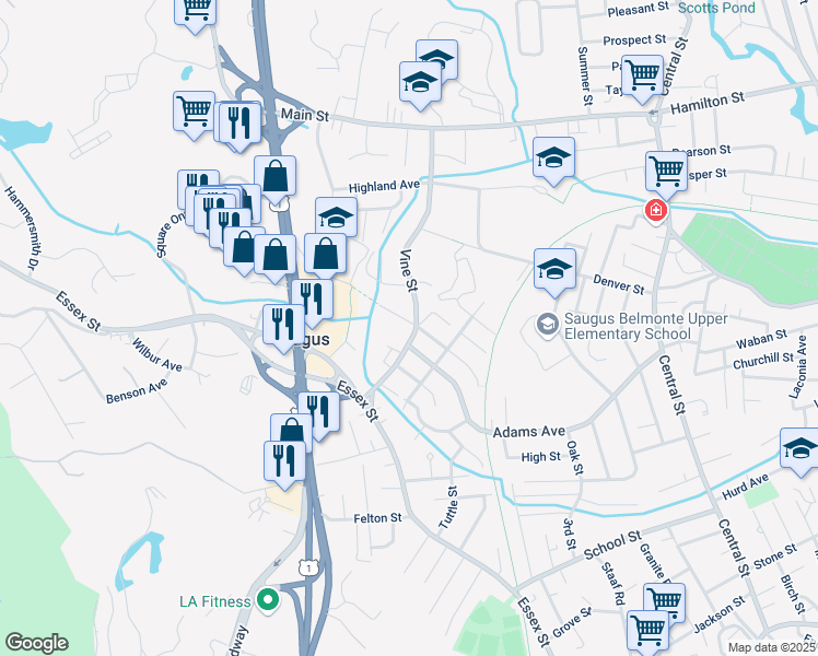 map of restaurants, bars, coffee shops, grocery stores, and more near 88 Vine Street in Saugus