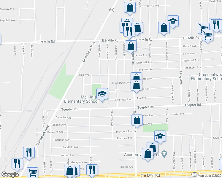map of restaurants, bars, coffee shops, grocery stores, and more near 13303 Julius Avenue in Warren