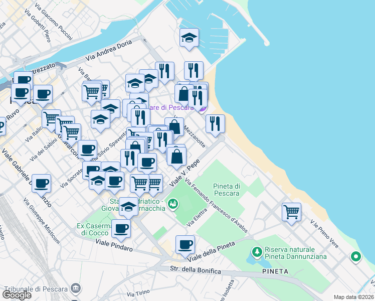 map of restaurants, bars, coffee shops, grocery stores, and more near 34 Via Beato Nunzio Sulprizio in Pescara