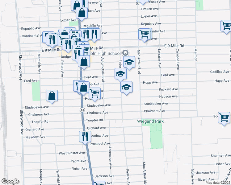 map of restaurants, bars, coffee shops, grocery stores, and more near 8284 Packard Avenue in Warren