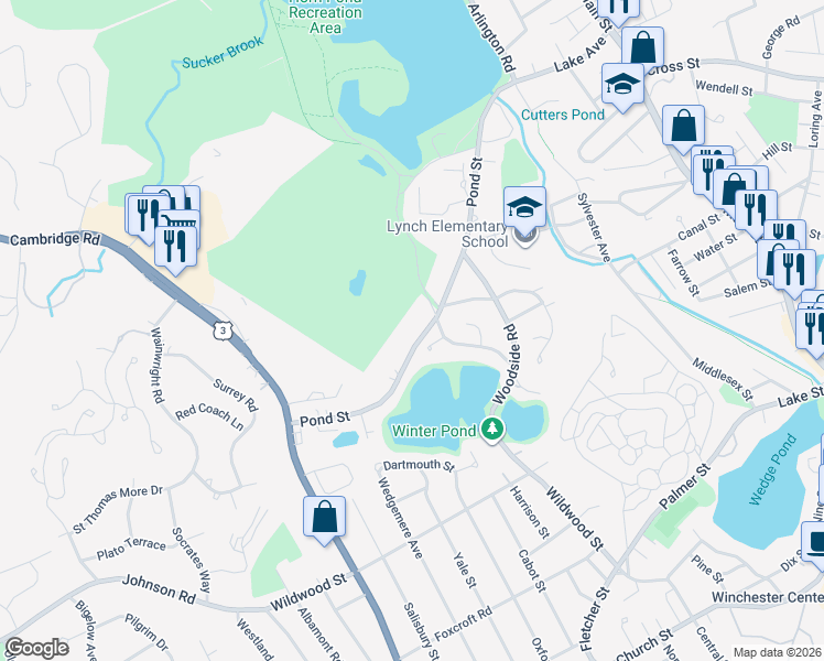 map of restaurants, bars, coffee shops, grocery stores, and more near 122 Pond Street in Winchester