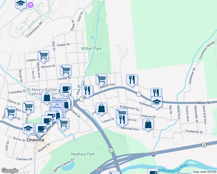 map of restaurants, bars, coffee shops, grocery stores, and more near 2 Taft Avenue in Oneonta