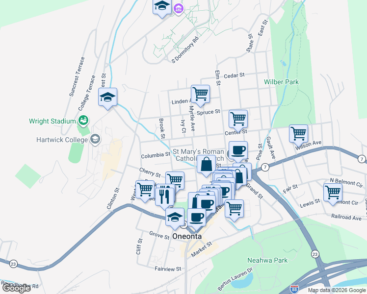 map of restaurants, bars, coffee shops, grocery stores, and more near 36 Center Street in Oneonta