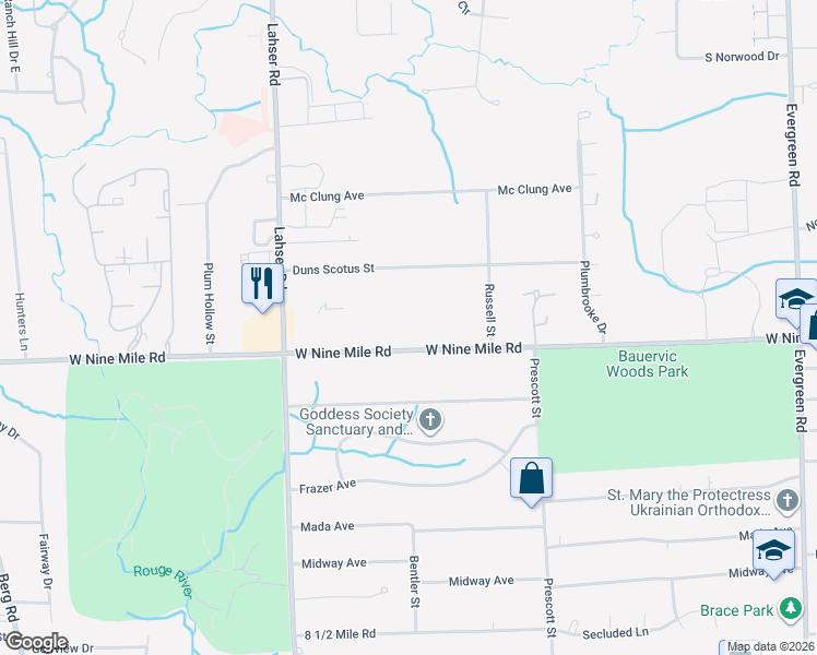 map of restaurants, bars, coffee shops, grocery stores, and more near 21386 West Nine Mile Road in Southfield