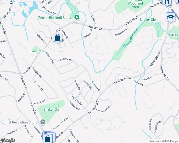 map of restaurants, bars, coffee shops, grocery stores, and more near 21 Samoset Road in Woburn