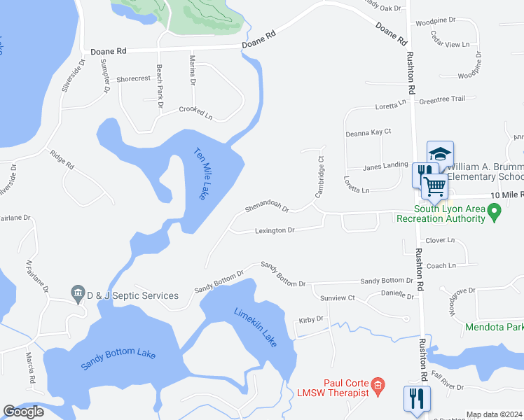 map of restaurants, bars, coffee shops, grocery stores, and more near 12120 Shenandoah Drive in South Lyon